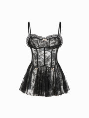 Lace Sweetheart Bowknot Lettuce Trim Lingerie With Brief Set