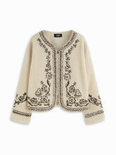 Fleece Floral Embroidery Zip Through Oversized Jacket
