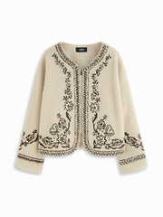 Fleece Floral Embroidery Zip Through Oversized Jacket