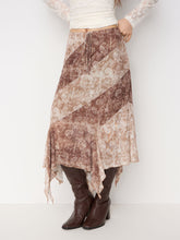 Mesh Mid Rise Two Tone Paisley Asymmetrical Ruffle Hem Midi Skirt