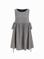 Flannel Round Neckline Tartan Tie Side Knotted Ruffle Hem Mini Dress