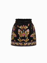 Velvet Mid Rise Floral Embroidered Lettuce Trim Elastic Waist Mini Skirt