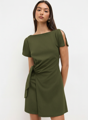 Boat Neck Ruched Knotted Split Sleeve Mini Dress
