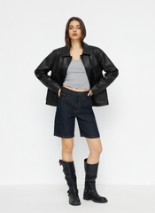 Faux Leather Collar Long Sleeve Button Oversized Shacket