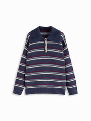 Knit Wool-blend Striped Polo Collar Oversized Sweater