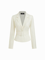 V-neck Solid Buckle Long Sleeve Cropped Blazer With Belt