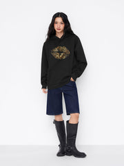 Cotton-blend Leopard Lip Graphic Oversized Hoodie