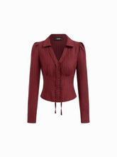 Striped Collar V-neck Long Sleeve Lace Trim Tie Back Blouse