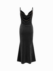 Velvet Cowl Neck Backless Chain Detail Mermaid Maxi Dress