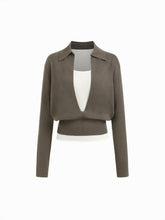 Solid Two Piece Knit Tank Top & V-Neck Collar Long Sleeve Top
