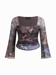 Mesh Square Neck Floral Patchy Lettuce Trim Ruched Long Sleeve Top Curve & Plus