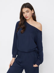 Cotton-blend Asymmetrical Neck Oversized Top & Mid Rise Drawstring Side Knotted Trousers Loungewear Set