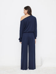 Cotton-blend Asymmetrical Neck Oversized Top & Mid Rise Drawstring Side Knotted Trousers Loungewear Set