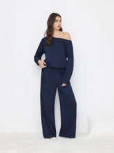 Cotton-blend Asymmetrical Neck Oversized Top & Mid Rise Drawstring Side Knotted Trousers Loungewear Set