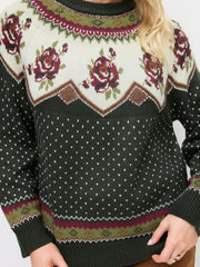 Knit Round Neckline Polka Dot & Floral Fair Isle Long Sleeve Top