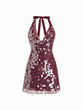 Sequin Halter Neckline Backless Lettuce Trim Mini Dress