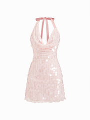 Sequin Halter Neckline Backless Lettuce Trim Mini Dress