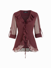 Chiffon V-neck Tie Back Lettuce Trim Ruffle See-through Blouse