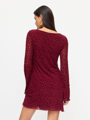 Velvet Floral Sweetheart Bell Sleeve Bowknot Ruffled Mini Dress