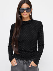 High Neck Long Sleeve Rhinestone Ruched Top