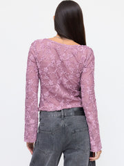 Lace Sweetheart Neck Long Sleeve Floral Kontted Top