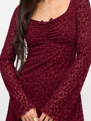 Velvet Floral Sweetheart Bell Sleeve Bowknot Ruffled Mini Dress
