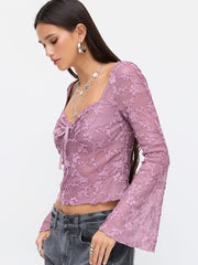 Lace Sweetheart Neck Long Sleeve Floral Kontted Top