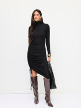 High Neck Ruched Drawstring Maxi Dress