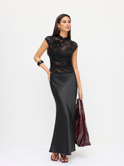 Lace Mandarin Collar Knotted Ruched See-through Cropped Top & Mid Rise Maxi Skirt Set