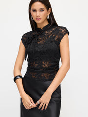 Lace Mandarin Collar Knotted Ruched See-through Cropped Top & Mid Rise Maxi Skirt Set