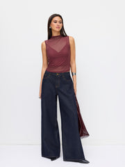 Mesh Stand Collar Rhinestone See-through Top & Solid Cami Top