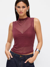 Mesh Stand Collar Rhinestone See-through Top & Solid Cami Top