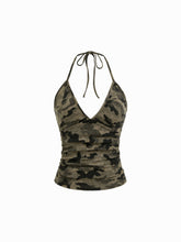 Cotton-blend Camo Print Halter V-neck Ruche Cami Top