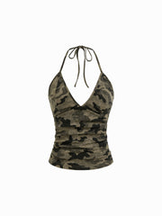 Cotton-blend Camo Print Halter V-neck Ruche Cami Top