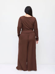 V-neck Lace Trim Long Sleeve Top & Mid Rise Wide Leg Trousers Set Curve & Plus