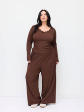 V-neck Lace Trim Long Sleeve Top & Mid Rise Wide Leg Trousers Set Curve & Plus
