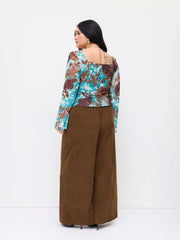 Corduroy Mid Rise Elastic Waist Wide Leg Trousers Curve & Plus