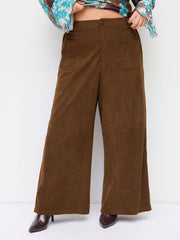 Corduroy Mid Rise Elastic Waist Wide Leg Trousers Curve & Plus