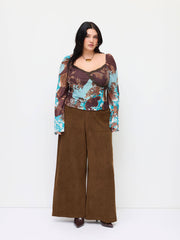 Mesh Sweetheart Baroque Lace Lettuce Trim Long Sleeve Top Curve & Plus