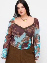 Mesh Sweetheart Baroque Lace Lettuce Trim Long Sleeve Top Curve & Plus