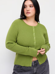 Knit Wool-blend Round Neckline Long Sleeve Button Top Curve & Plus