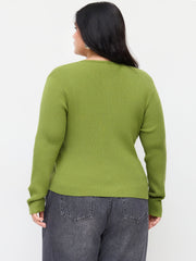 Knit Wool-blend Round Neckline Long Sleeve Button Top Curve & Plus
