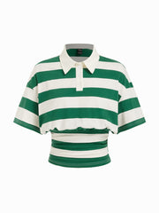 Cotton-blend Stripe Collar Short Sleeve Cinched Waist Tee