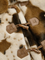 Deer Print Faux Fur Collar Toggle Button Crop Jacket