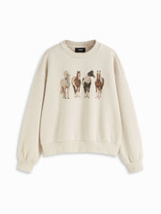 Cotton-blend Horse Graphic Round Neckline Oversized Sweatshirt