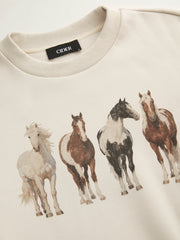 Cotton-blend Horse Graphic Round Neckline Oversized Sweatshirt