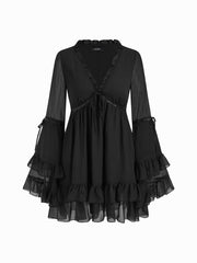 Chiffon V-neck Lettuce Trim Bowknot Ruffle Mini Dress