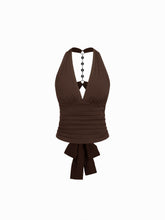 Halter V-neck Ruched Rhinestone Cut Out Tie Back Top