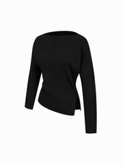 Knit Boat Neck Asymmetrical Hem Split Long Sleeve Top