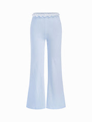 100% Cotton V-neck Pointelle Tie Front Top & High Rise Lace Trim Bowknot Flare Trousers Loungewear Set